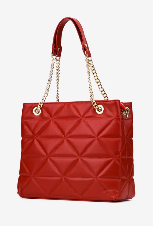 Geanta dama rosie din piele cu manere prevazute cu lant