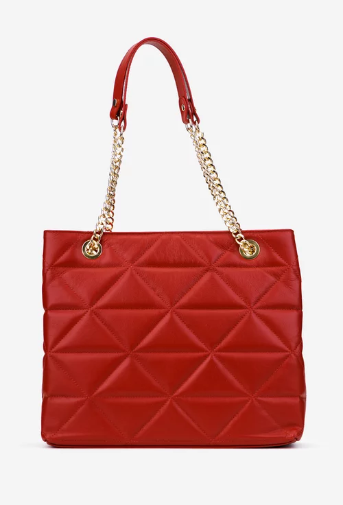 Geanta dama rosie din piele cu manere prevazute cu lant