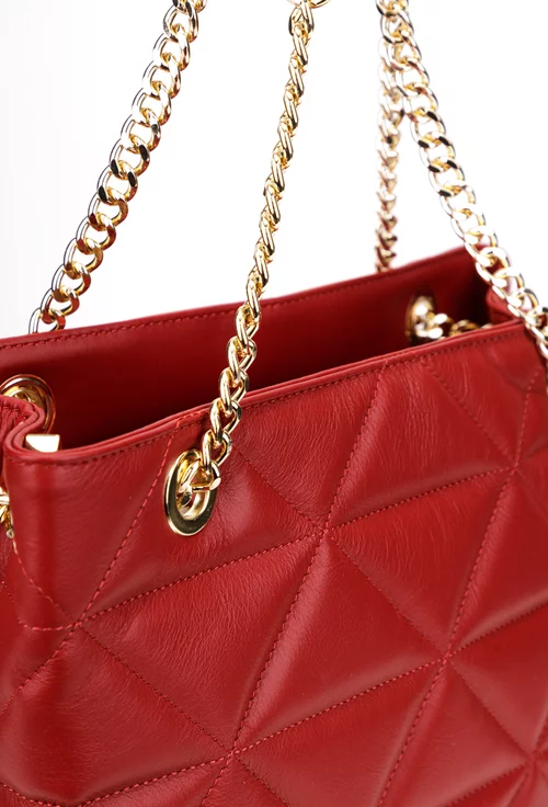 Geanta dama rosie din piele cu manere prevazute cu lant