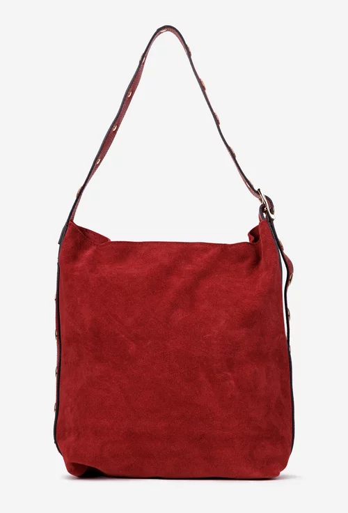 Geanta dama rosie din piele intoarsa cu ornamente aurii