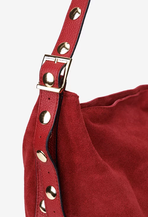 Geanta dama rosie din piele intoarsa cu ornamente aurii