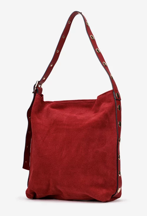 Geanta dama rosie din piele intoarsa cu ornamente aurii