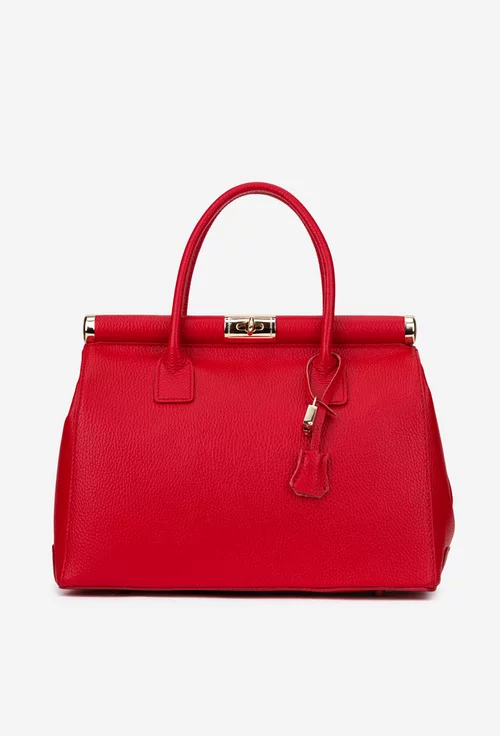 Geanta dama rosie din piele texturata cu detaliu lacat