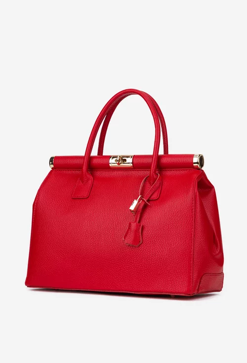 Geanta dama rosie din piele texturata cu detaliu lacat