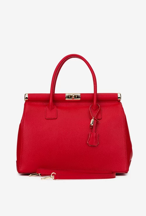 Geanta dama rosie din piele texturata cu detaliu lacat