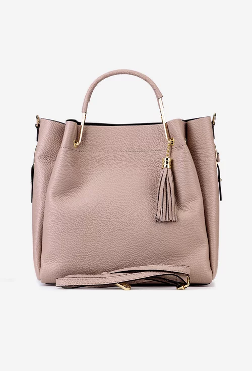 Geanta dama roz pudra din piele texturata cu accesoriu ciucure