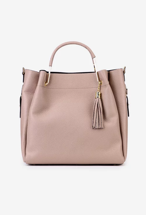 Geanta dama roz pudra din piele texturata cu accesoriu ciucure