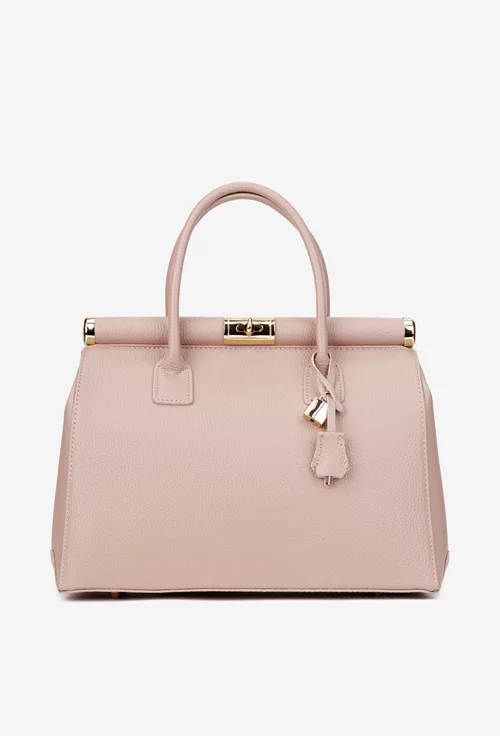 Geanta dama roz pudra din piele texturata cu detaliu lacat