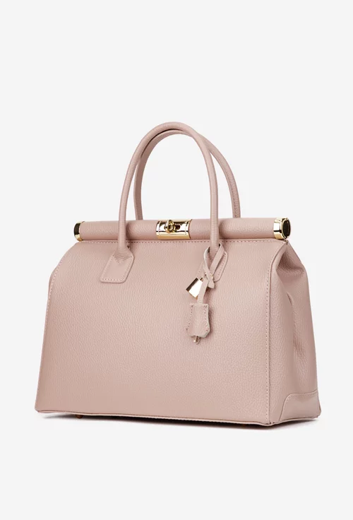 Geanta dama roz pudra din piele texturata cu detaliu lacat