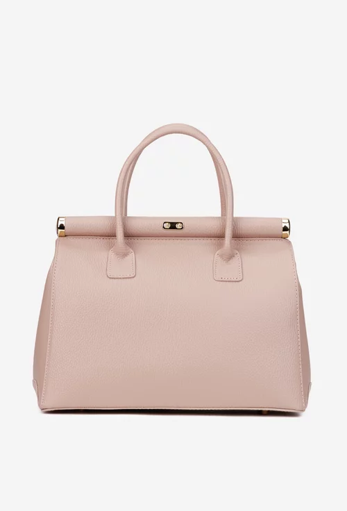 Geanta dama roz pudra din piele texturata cu detaliu lacat