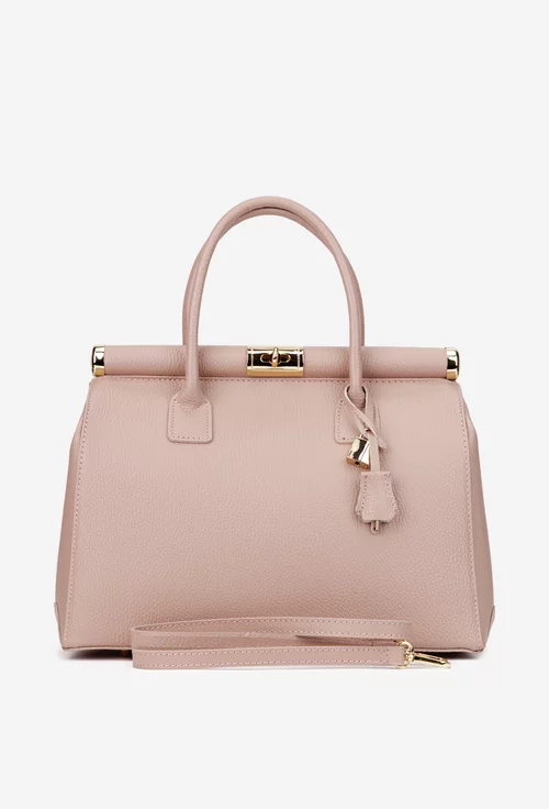 Geanta dama roz pudra din piele texturata cu detaliu lacat