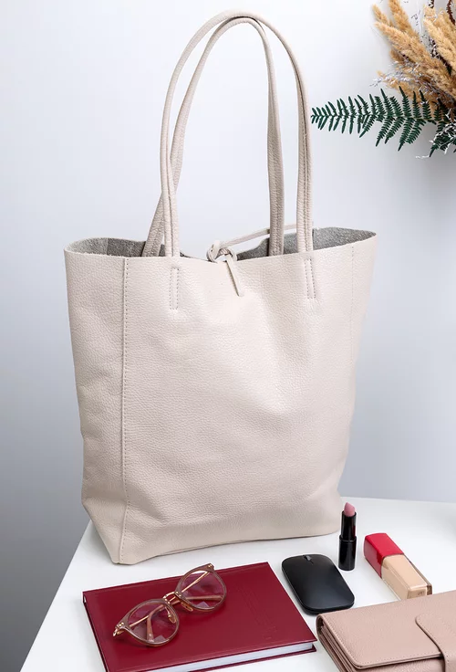 Geanta dama shopper bej deschis din piele cu portofel interior