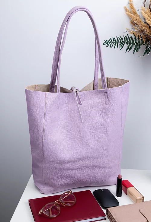 Geanta dama shopper mov deschis din piele cu portofel interior