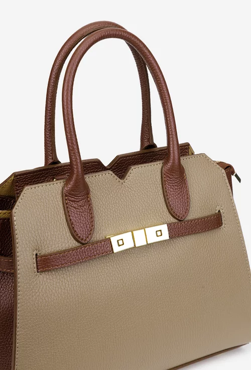 Geanta dama taupe cu maro din piele naturala texturata