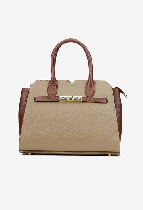 Geanta dama taupe cu maro din piele naturala texturata