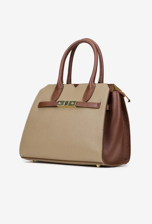 Geanta dama taupe cu maro din piele naturala texturata