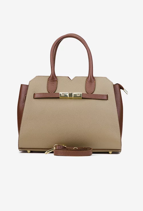 Geanta dama taupe cu maro din piele naturala texturata