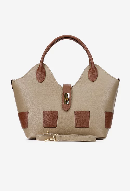 Geanta dama taupe cu maro din piele texturata