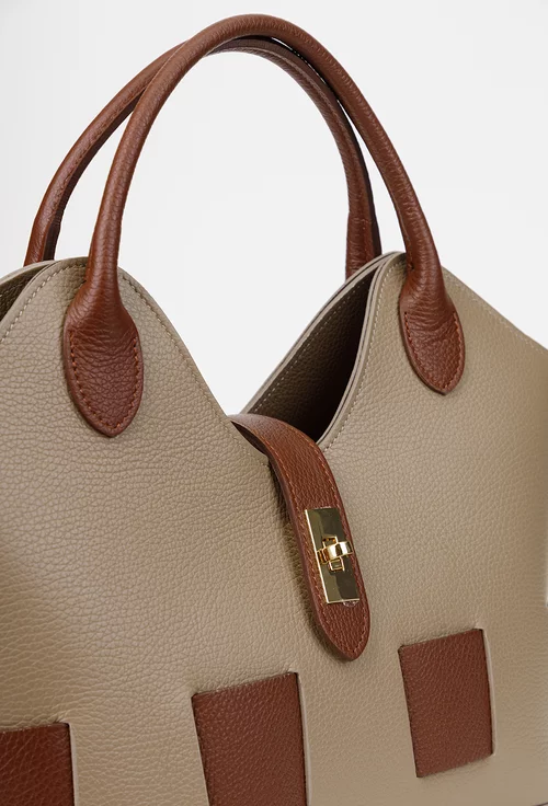 Geanta dama taupe cu maro din piele texturata