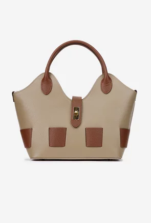 Geanta dama taupe cu maro din piele texturata