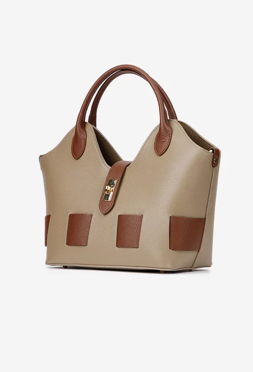 Geanta dama taupe cu maro din piele texturata