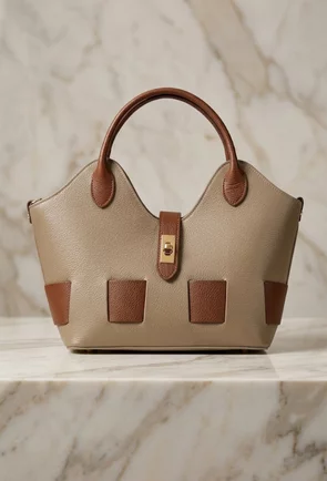 Geanta dama taupe cu maro din piele texturata