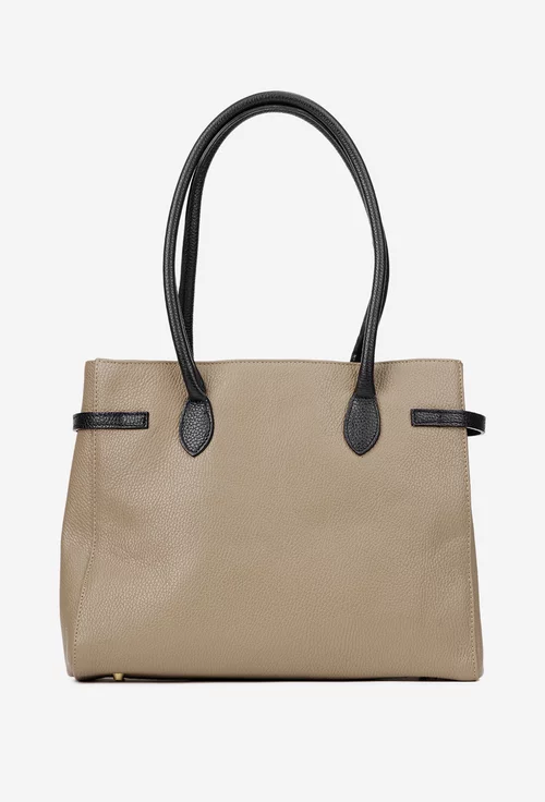 Geanta dama taupe cu negru din piele texturata cu ornament