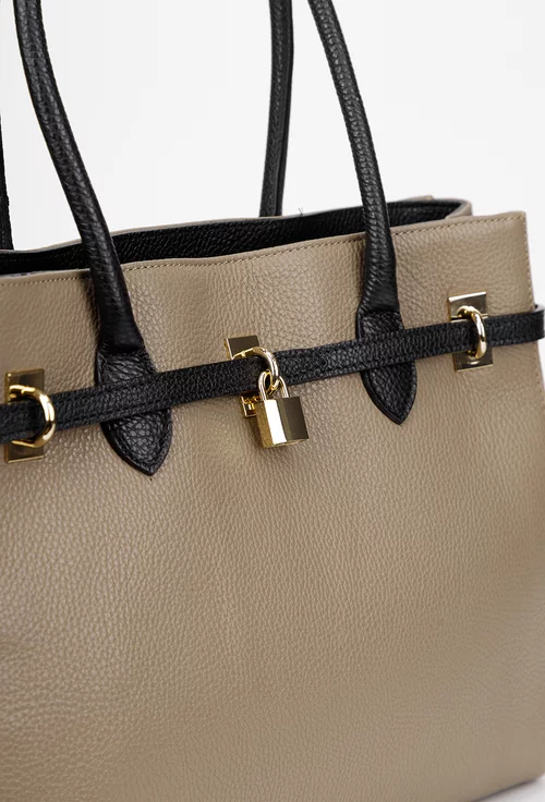 Geanta dama taupe cu negru din piele texturata cu ornament