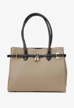 Geanta dama taupe cu negru din piele texturata cu ornament