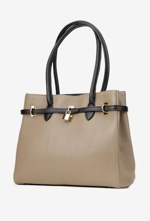 Geanta dama taupe cu negru din piele texturata cu ornament