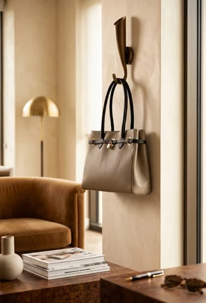 Geanta dama taupe cu negru din piele texturata cu ornament