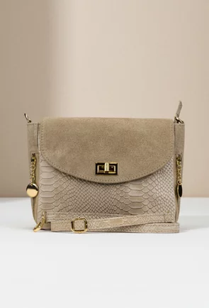 Geanta dama taupe din piele croco cu detalii aurii