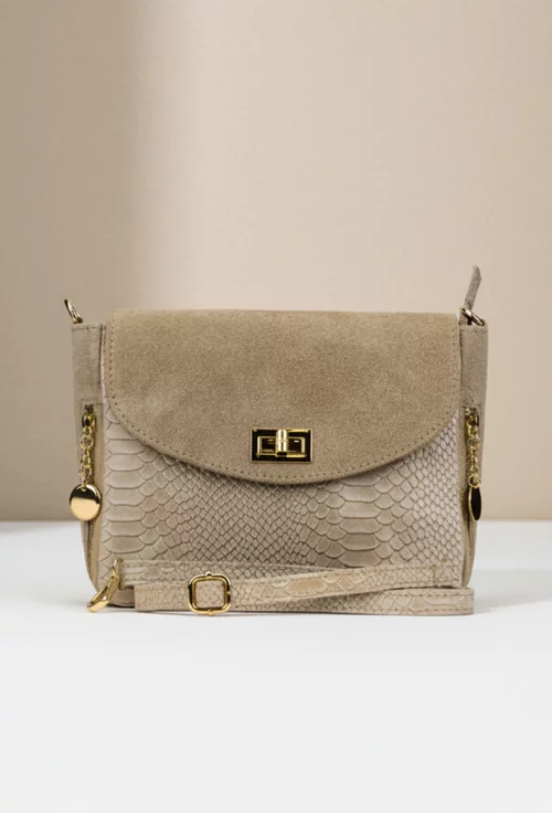 Geanta dama taupe din piele croco cu detalii aurii