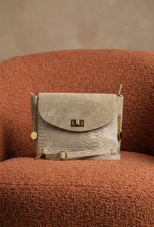 Geanta dama taupe din piele croco cu detalii aurii