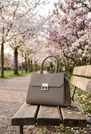 Geanta dama taupe din piele cu model