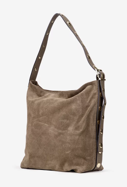 Geanta dama taupe din piele intoarsa cu ornamente aurii