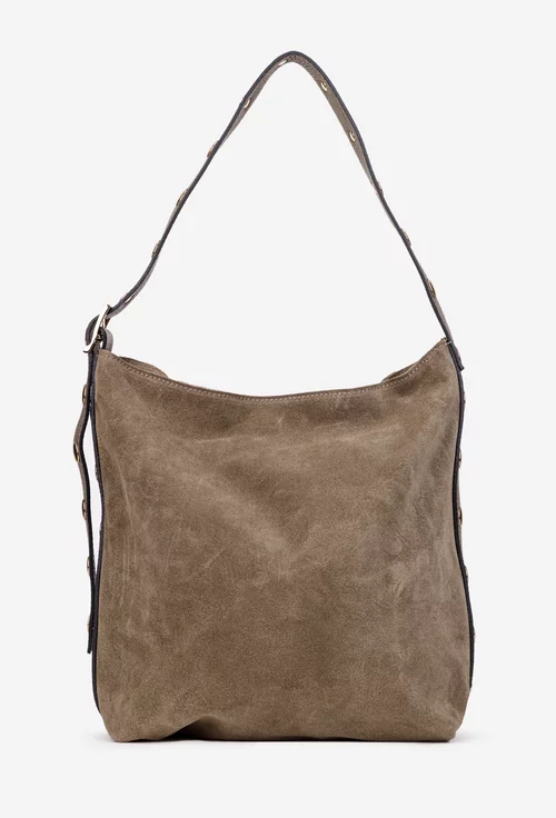 Geanta dama taupe din piele intoarsa cu ornamente aurii