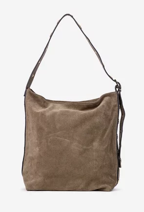 Geanta dama taupe din piele intoarsa cu ornamente aurii