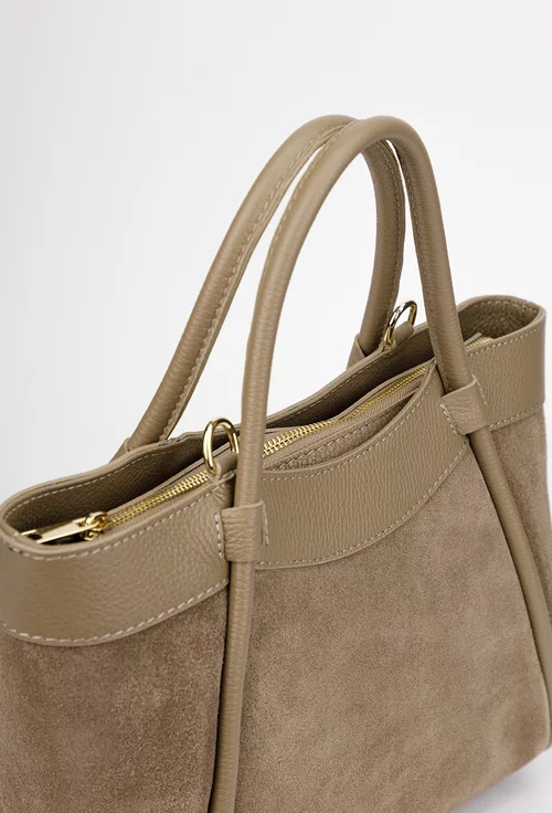 Geanta dama taupe din piele intoarsa si texturata