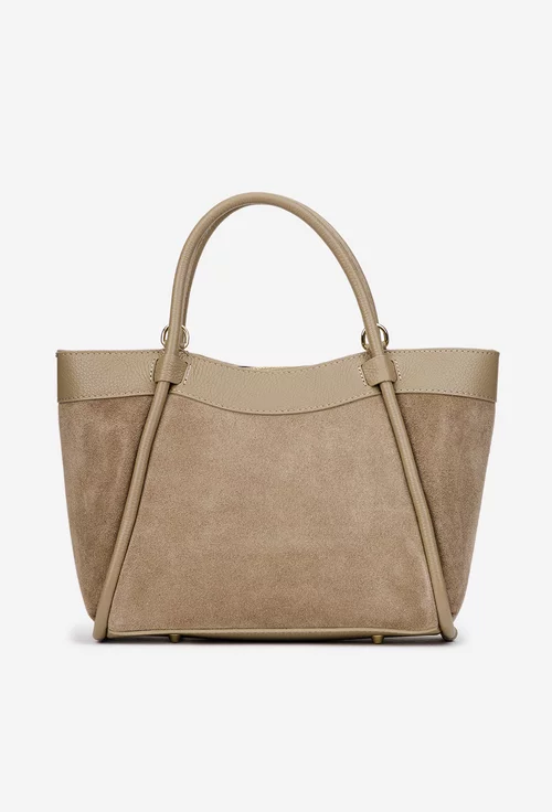 Geanta dama taupe din piele intoarsa si texturata