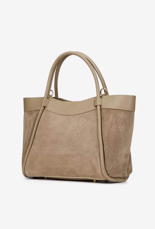 Geanta dama taupe din piele intoarsa si texturata