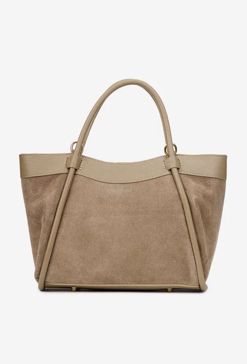 Geanta dama taupe din piele intoarsa si texturata