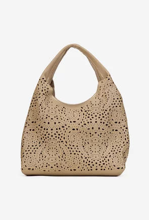 Geanta dama taupe din piele naturala perforata