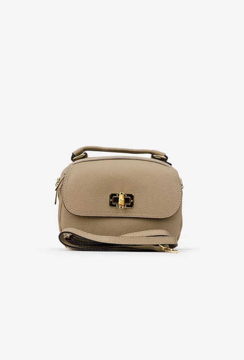 Geanta dama taupe din piele texturata cu detalii aurii