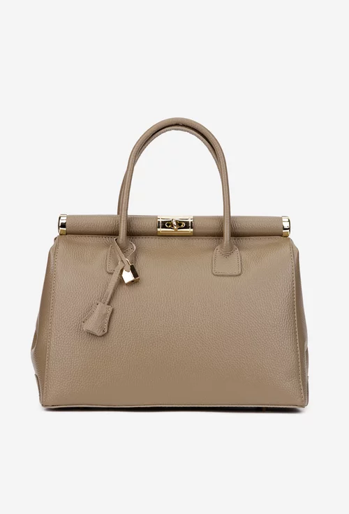 Geanta dama taupe din piele texturata cu detaliu lacat