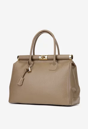 Geanta dama taupe din piele texturata cu detaliu lacat