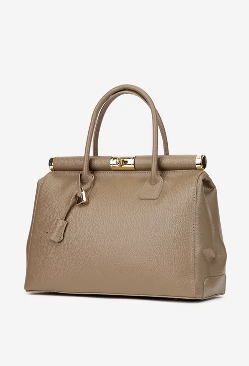 Geanta dama taupe din piele texturata cu detaliu lacat