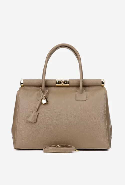 Geanta dama taupe din piele texturata cu detaliu lacat