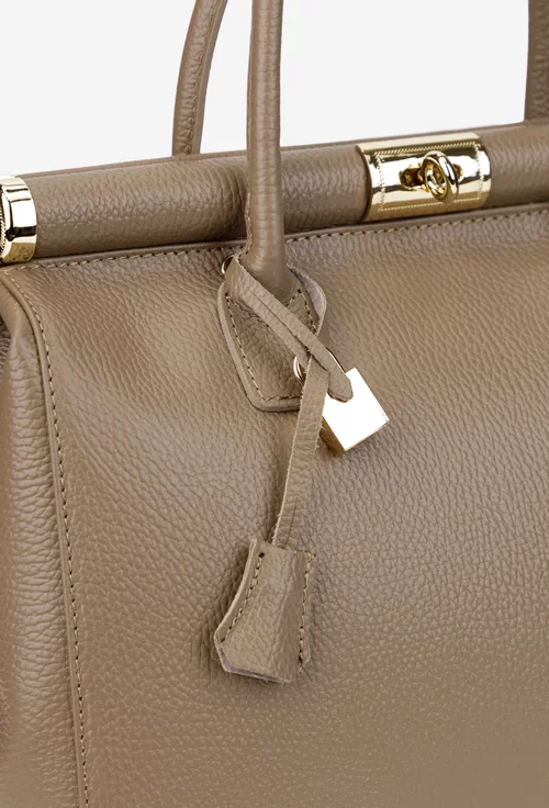 Geanta dama taupe din piele texturata cu detaliu lacat