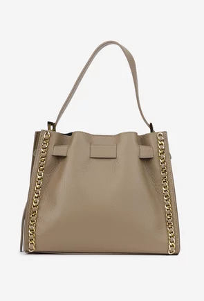 Geanta dama taupe din piele texturata cu ornament lant